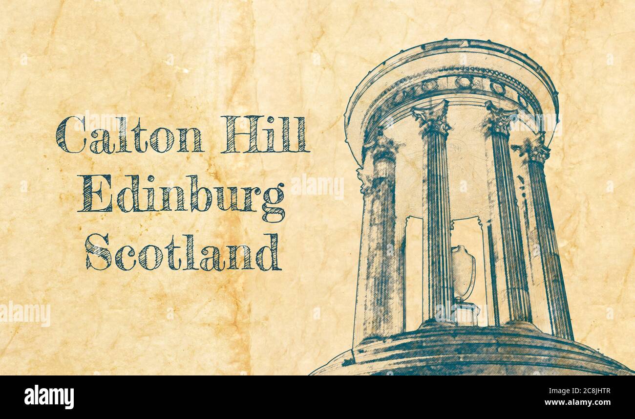 Schizzo di Calton Hill a Edimburgo, Scozia su carta vecchia Foto Stock