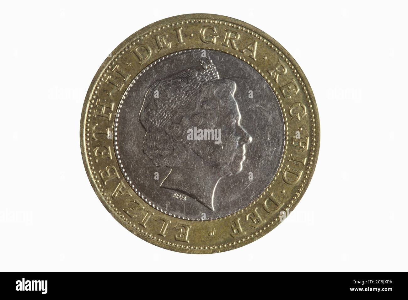 Elizabeth II 1998 stare sulle spalle della tecnologia dei giganti moneta inglese da due libbre dell'Inghilterra UK che è ancora in uso corrente foto d'inventario Foto Stock