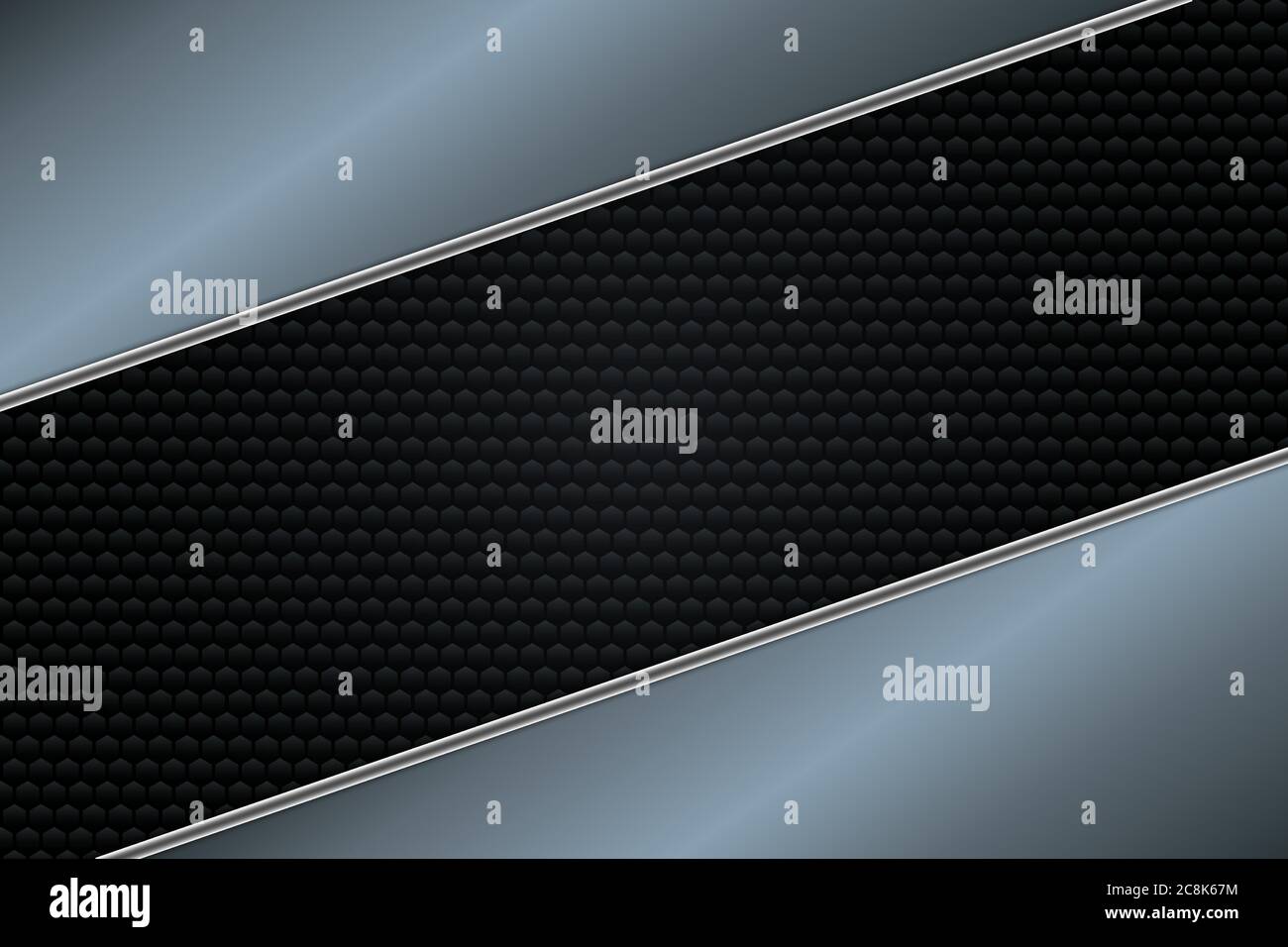 Sfondo metallico. Blu e argento con fibra di carbonio. Concetto di tecnologia del metallo a forma di poligono. Illustrazione Vettoriale