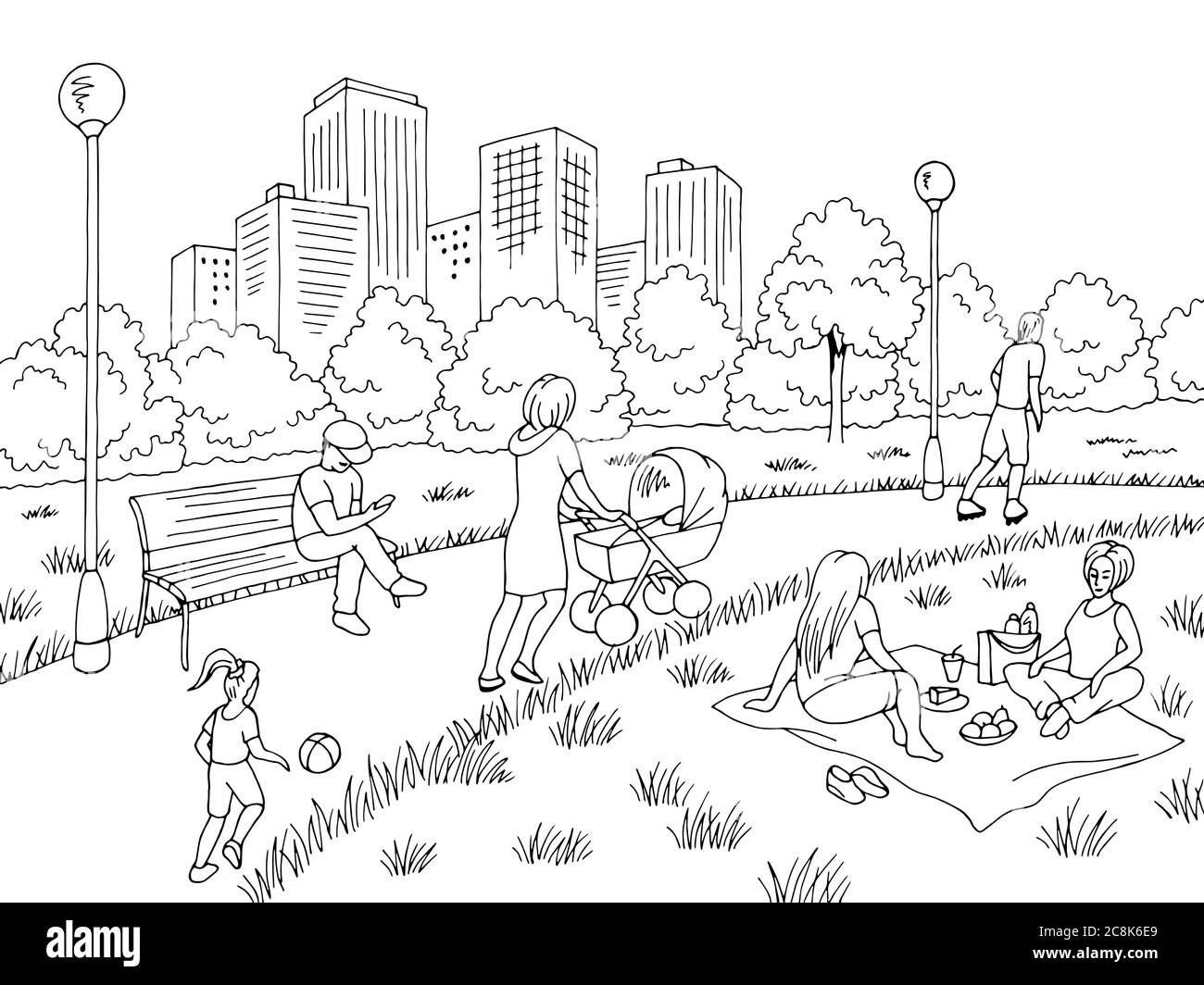 Grafico del parco grafico della città bianco nero disegno del paesaggio vettore Illustrazione Vettoriale