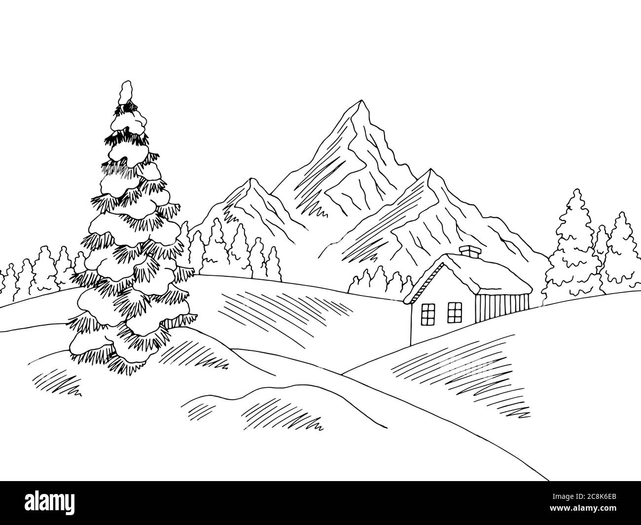 Grafico paesaggio invernale bianco nero illustrazione dello schizzo vettore Illustrazione Vettoriale