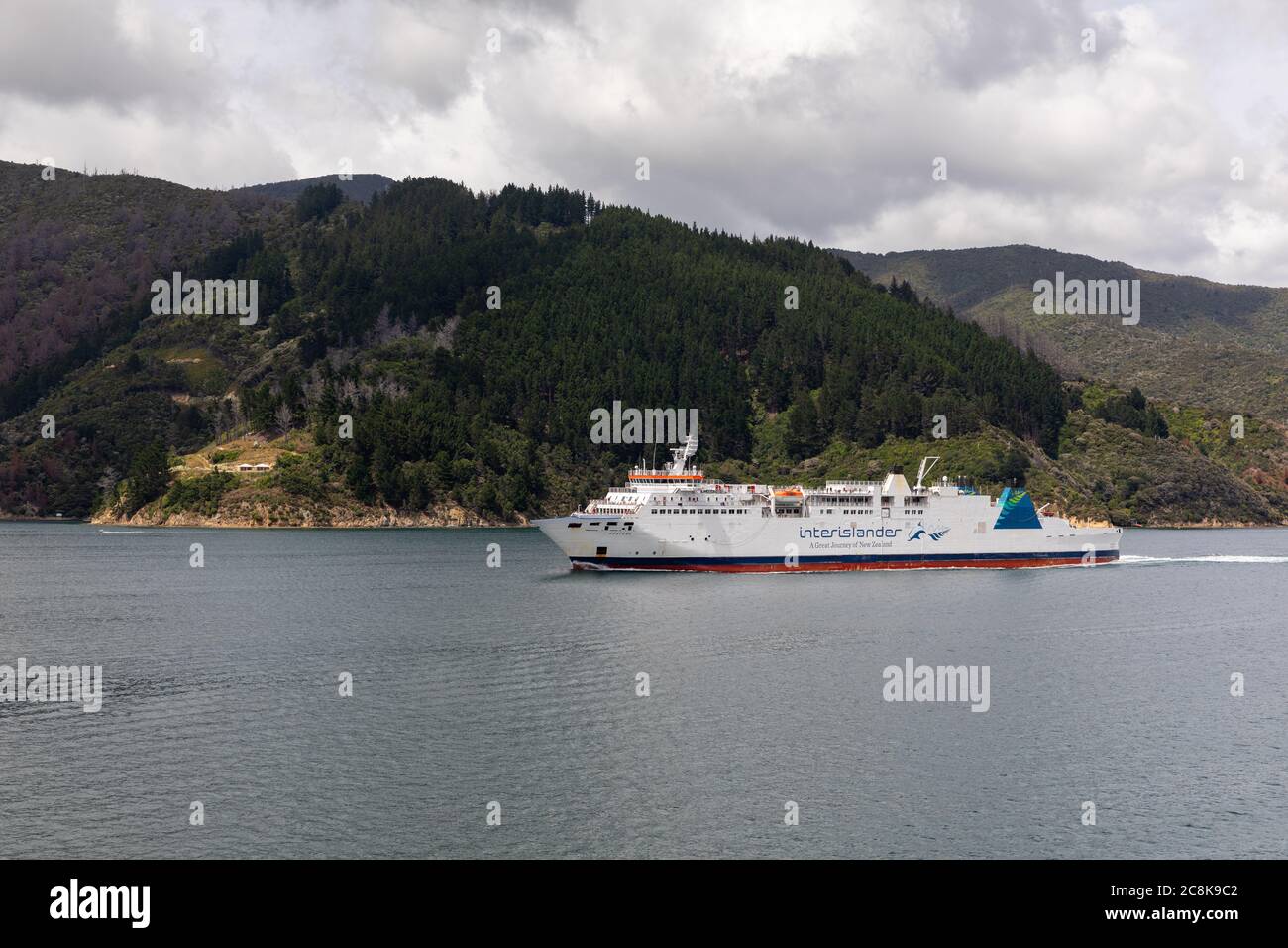 Vista da un traghetto del traghetto interinsulare nel Marlborough suoni nel sud dell'isola della Nuova Zelanda Foto Stock