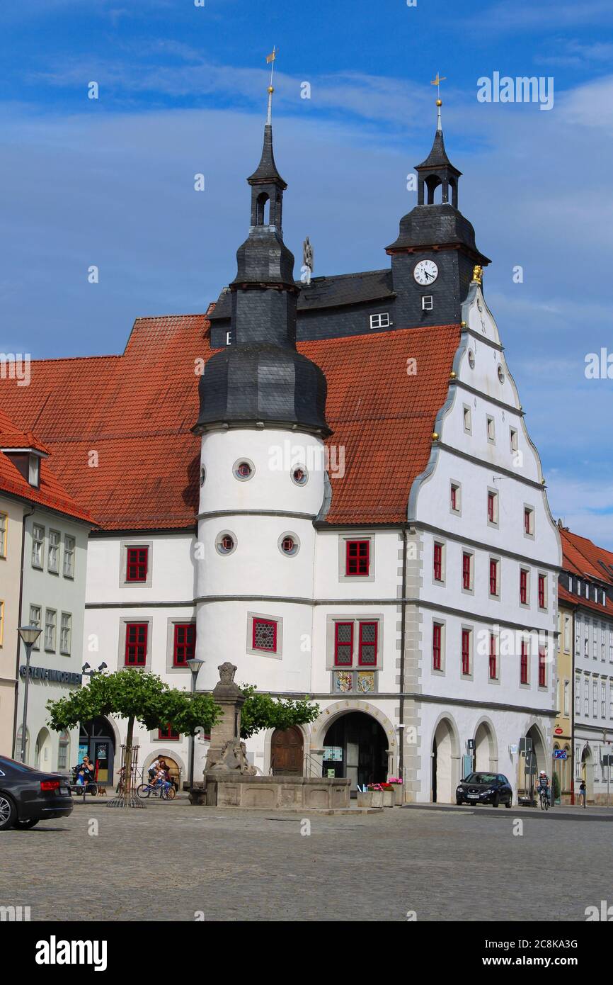 Rathausplatz a Hildburghausen, Thüringen, Germania Foto Stock