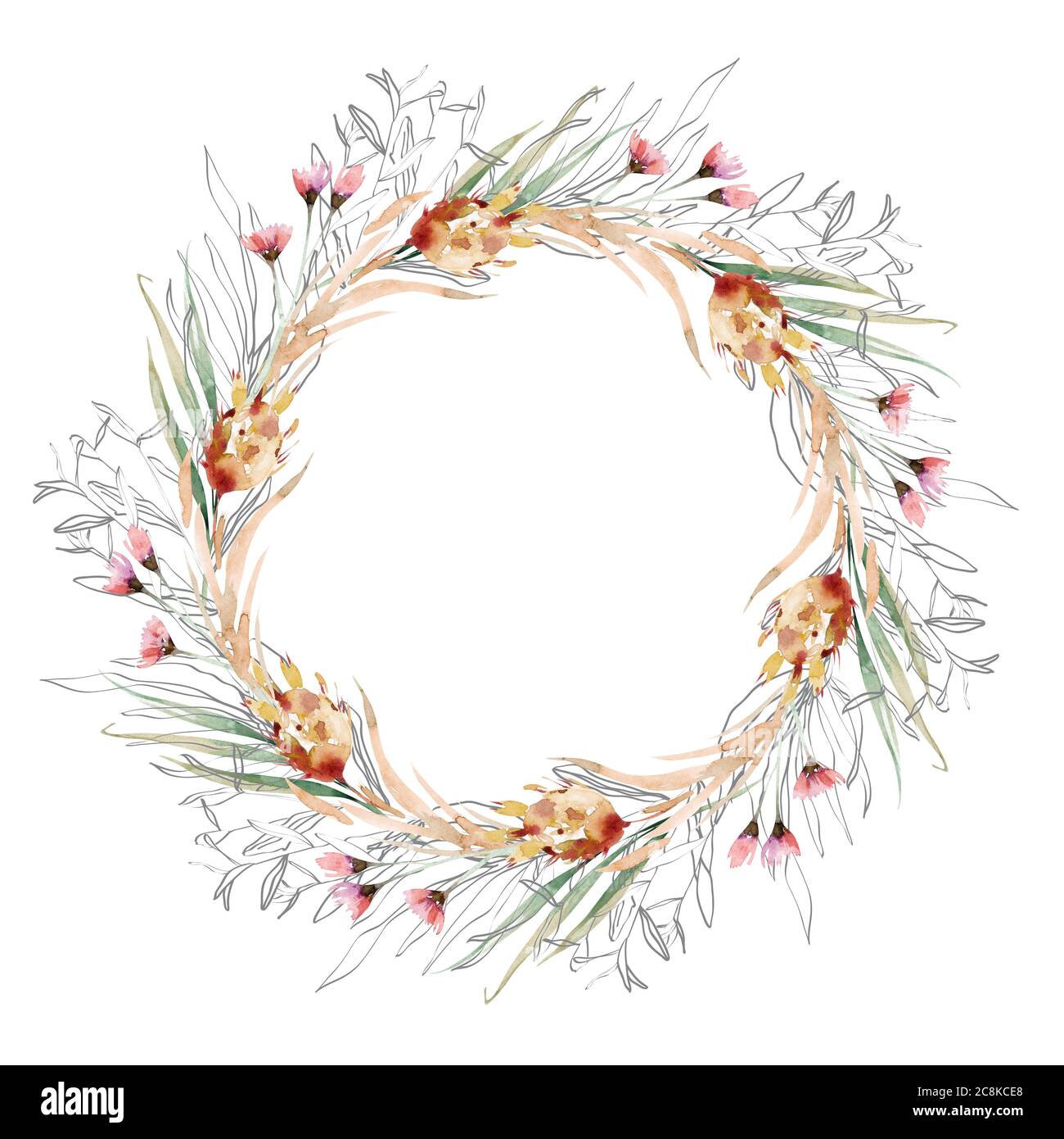 Acquerello boho ghirlanda floreale. Bohemian cornice naturale: foglie, piume, fiori isolati su sfondo bianco. Decorazione artistica illustrazione. Salva Foto Stock