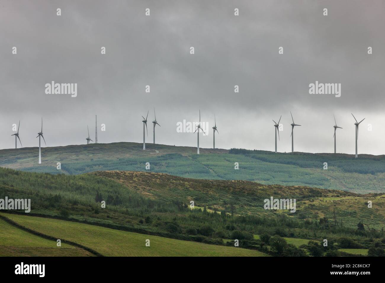 Bantry, Cork, Irlanda. 25 luglio 2020. Un importante programma per le energie rinnovabili, in cui lo Stato spende miliardi per abbandonare i combustibili fossili, è stato approvato dalla Commissione europea. La commissione ha appena annunciato che il programma di sostegno all’elettricità rinnovabile (RESS), previsto dall’Irlanda, si era dimostrato accettabile in base alle norme sugli aiuti di Stato. "La misura contribuirà agli obiettivi ambientali dell'UE senza falsare indebitamente la concorrenza", ha affermato la commissione in una dichiarazione. L'immagine mostra una fattoria eolica fuori Bantry, Co. Cork, Irlanda.- credito; David Creedon / Alamy Live News Foto Stock