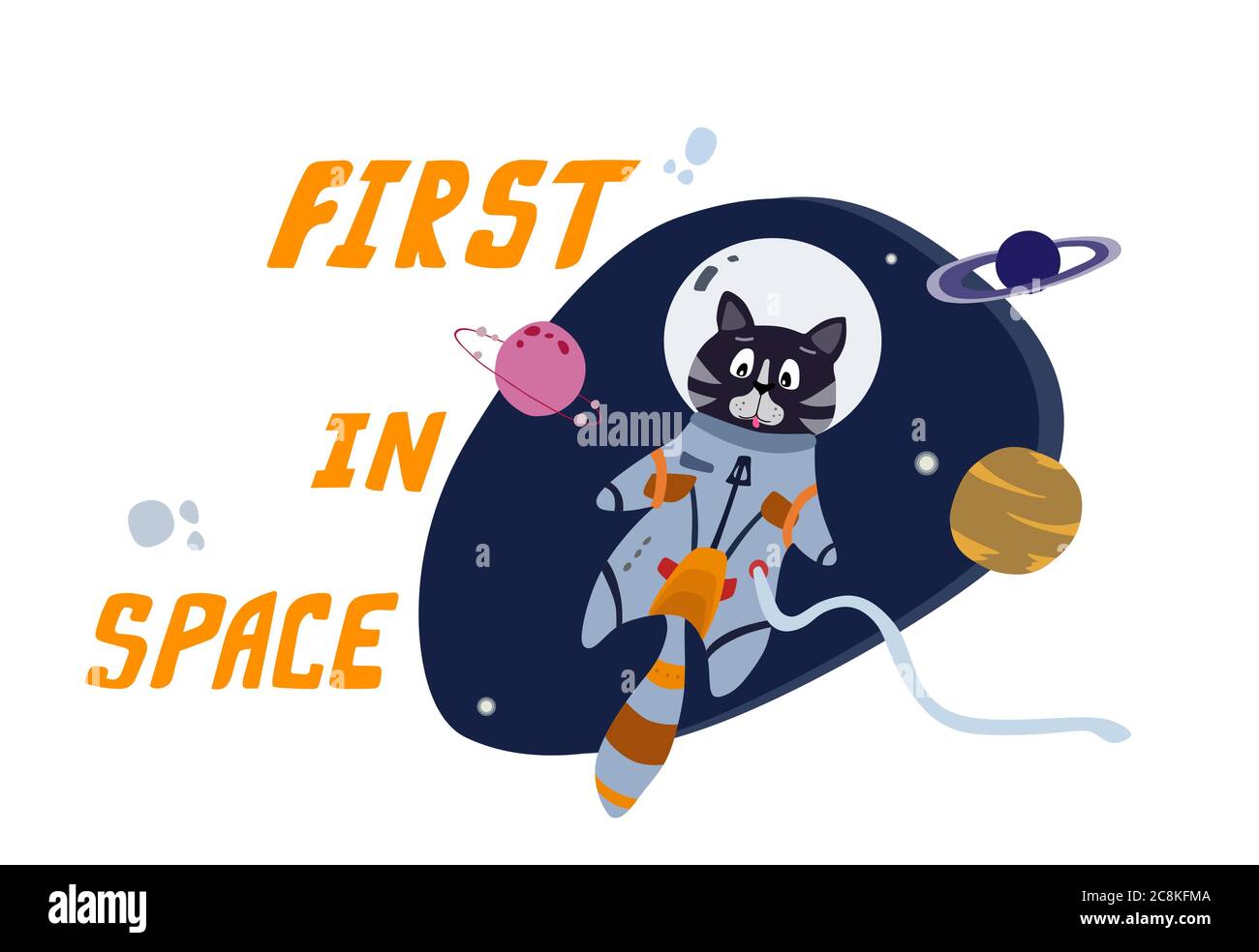 Un divertente astronauta di gatti nello spazio. Cartoni animati vettoriali. Illustrazione vettoriale modificabile. Illustrazione Vettoriale