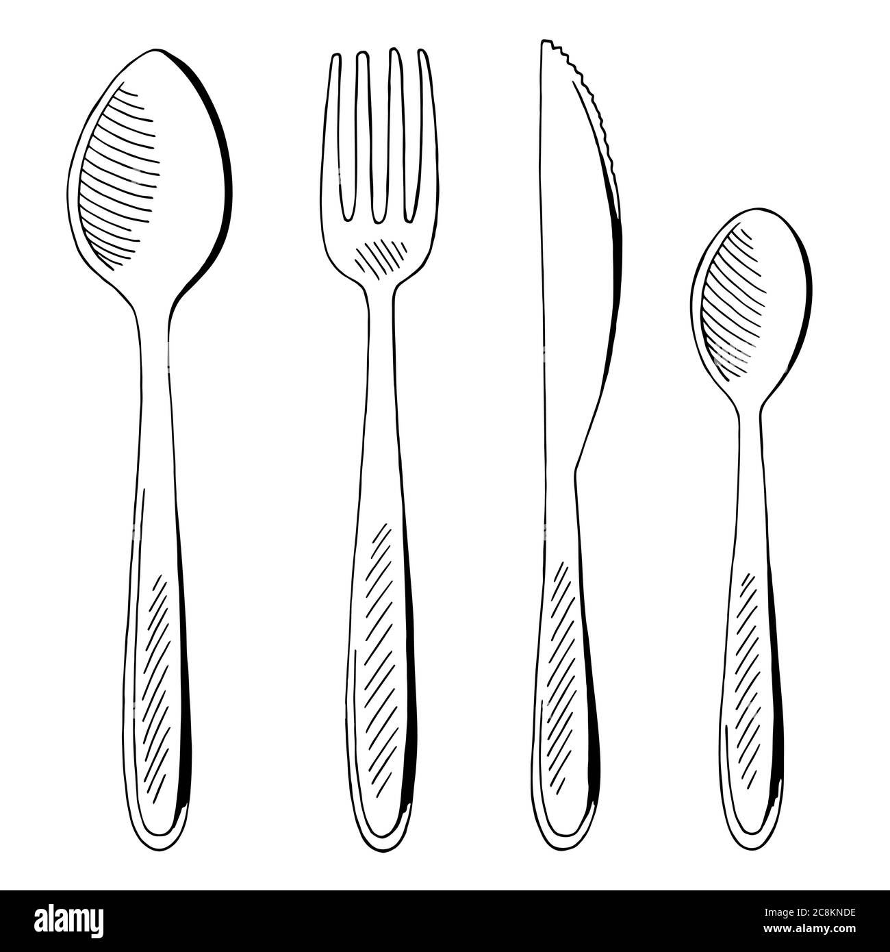 Grafico gruppo coltelli a cucchiaio per forchetta bianco nero illustrazione dello schizzo isolato vettore Illustrazione Vettoriale