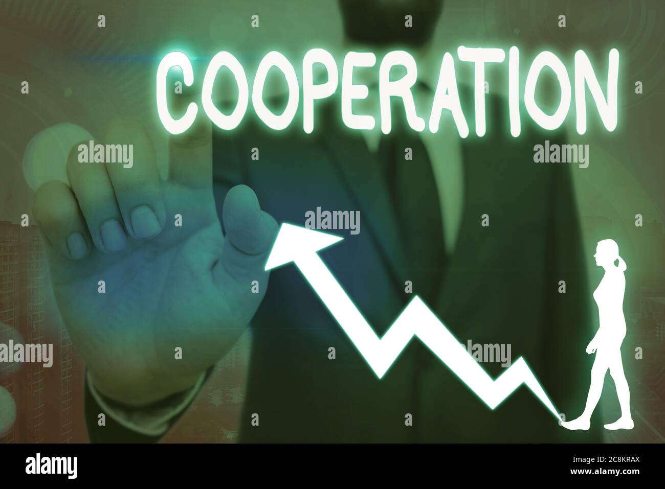 Scrittura concettuale a mano che mostra la cooperazione. Concetto che significa azioni di qualcuno che è stato utile facendo ciò che è voluto simbolo freccia andare verso l'alto Foto Stock