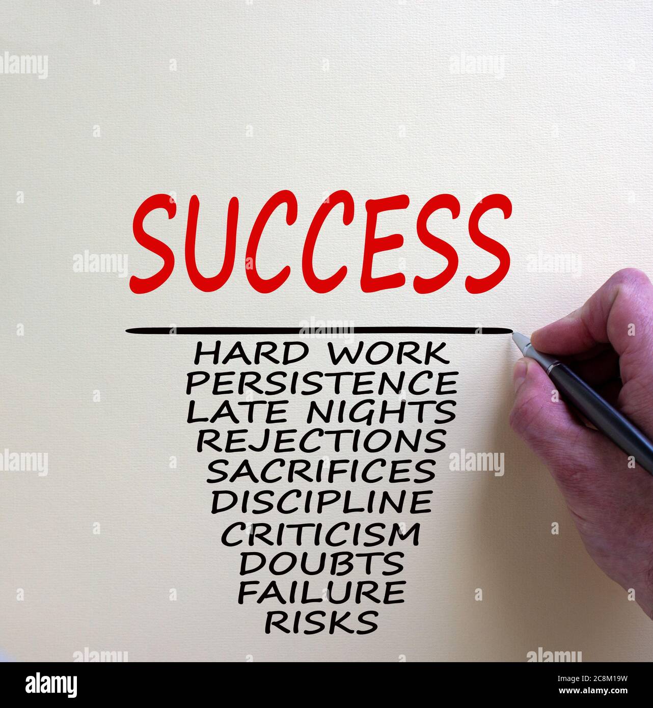 La mano maschile scrive la parola 'successo' e altri termini commerciali su white paper. Concetto aziendale. Spazio di copia. Foto Stock