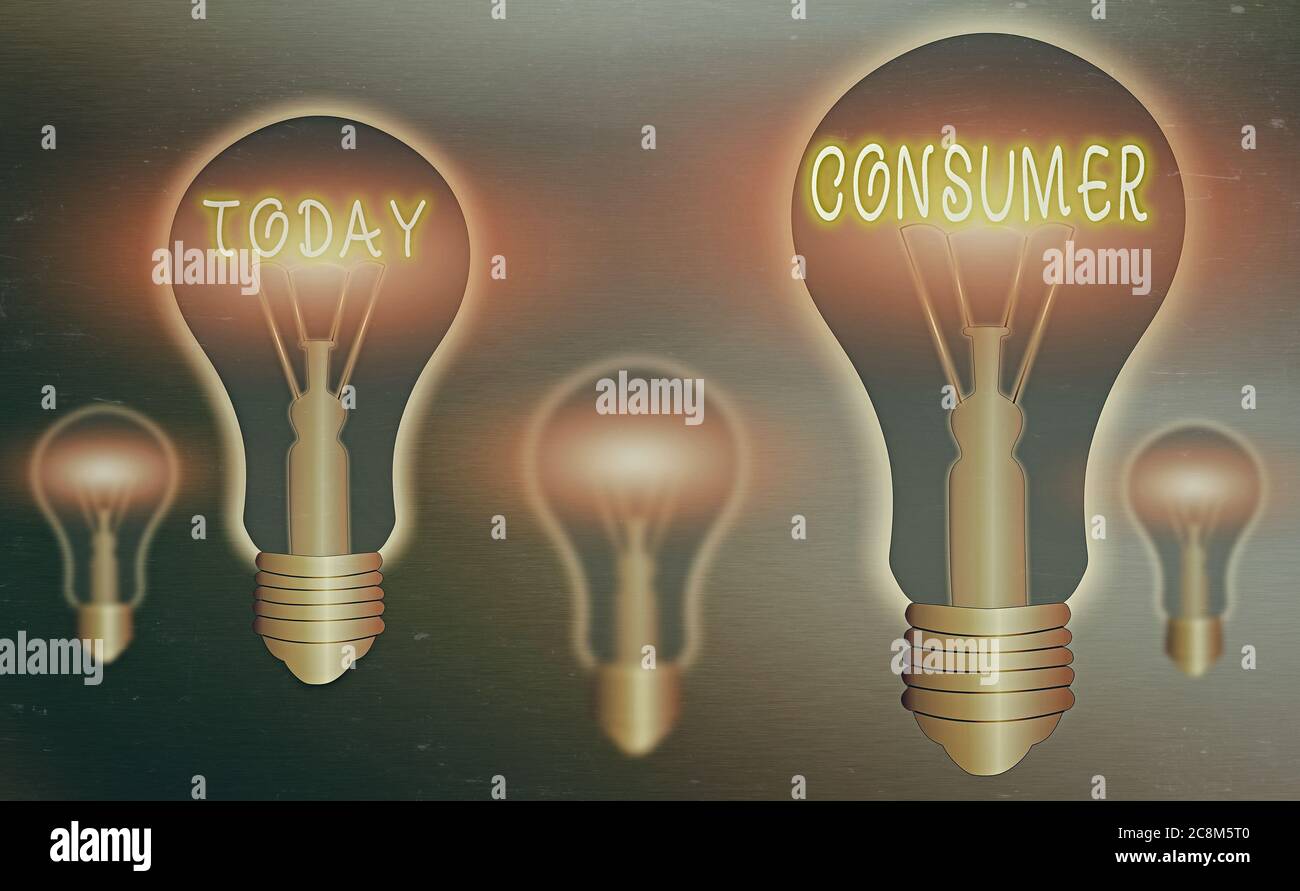 Scrittura concettuale a mano che mostra il consumatore. Concetto che significa uno che utilizza beni economici che sono venduti dai produttori realistici colori li vintage Foto Stock