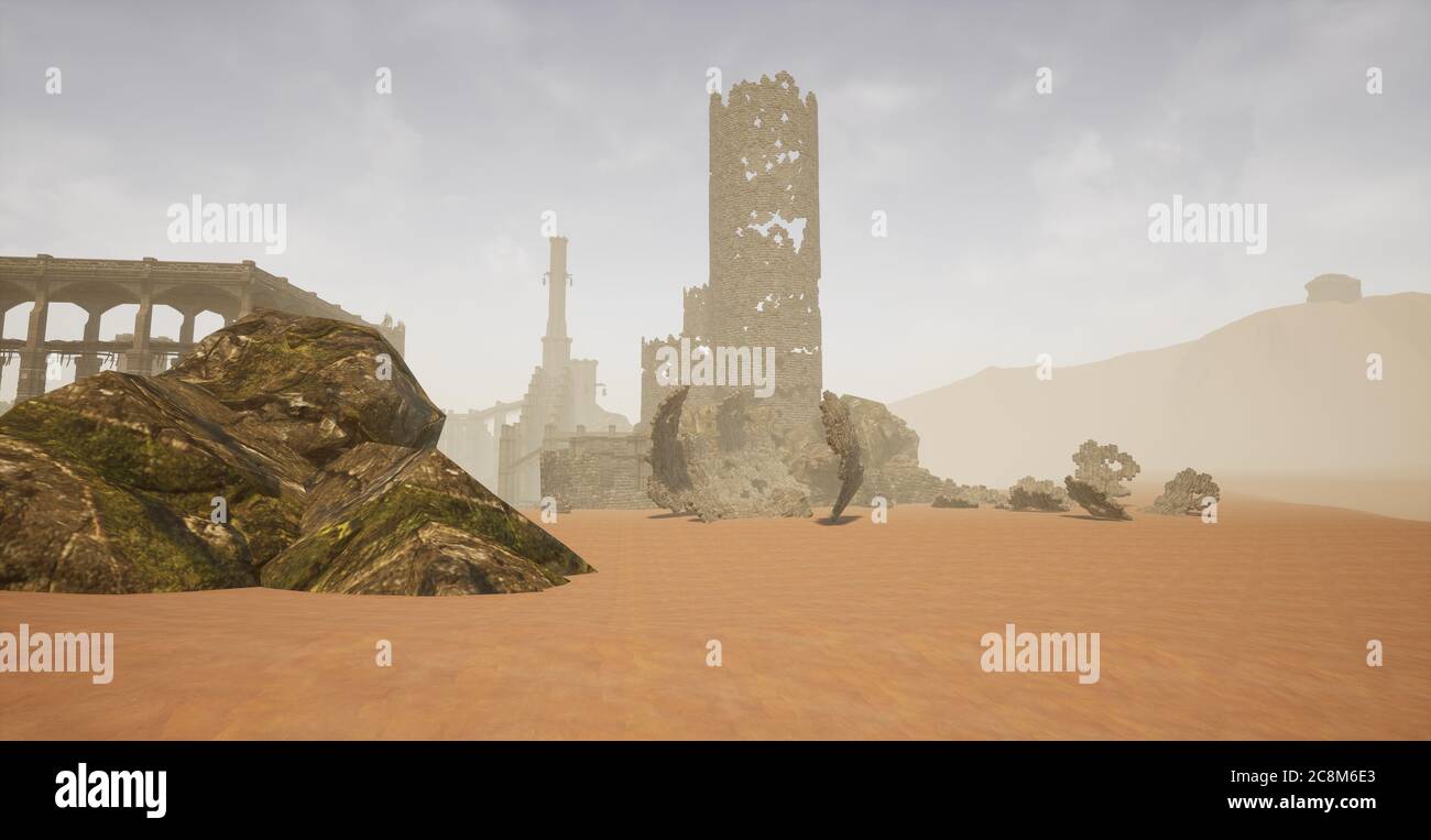 Si tratta di una scena di illustrazioni in 3D con rendering di un concetto di design a livello basato su antiche rovine desolate circondate da un deserto e montagne. Foto Stock