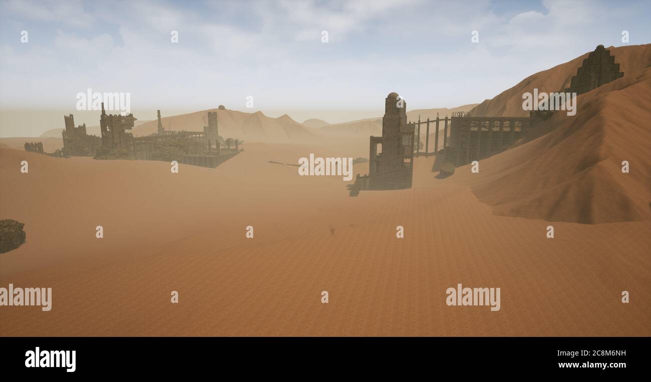 Si tratta di una scena di illustrazioni in 3D con rendering di un concetto di design a livello basato su antiche rovine desolate circondate da un deserto e montagne. Foto Stock