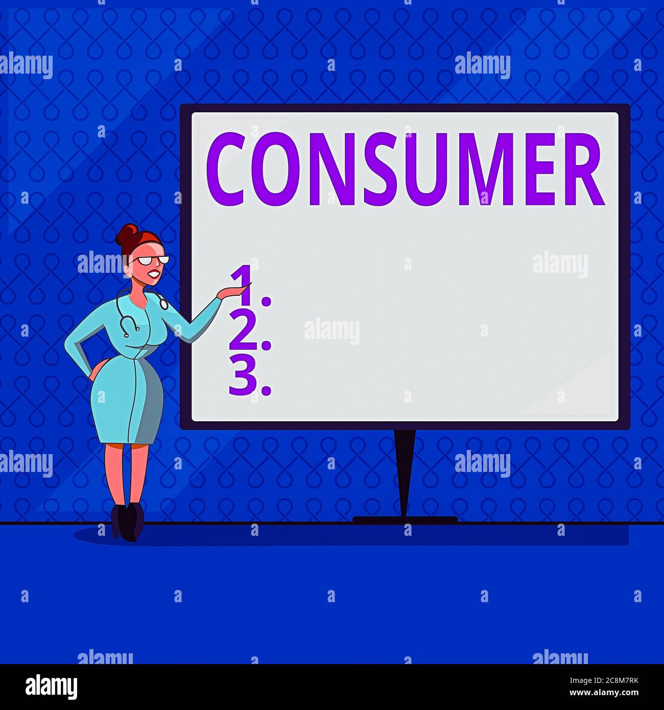 Scrittura a mano testo scrittura Consumer. Una foto concettuale che utilizza beni economici che sono venduti dai produttori Dottore Femminile con Stetoscopio sta Foto Stock