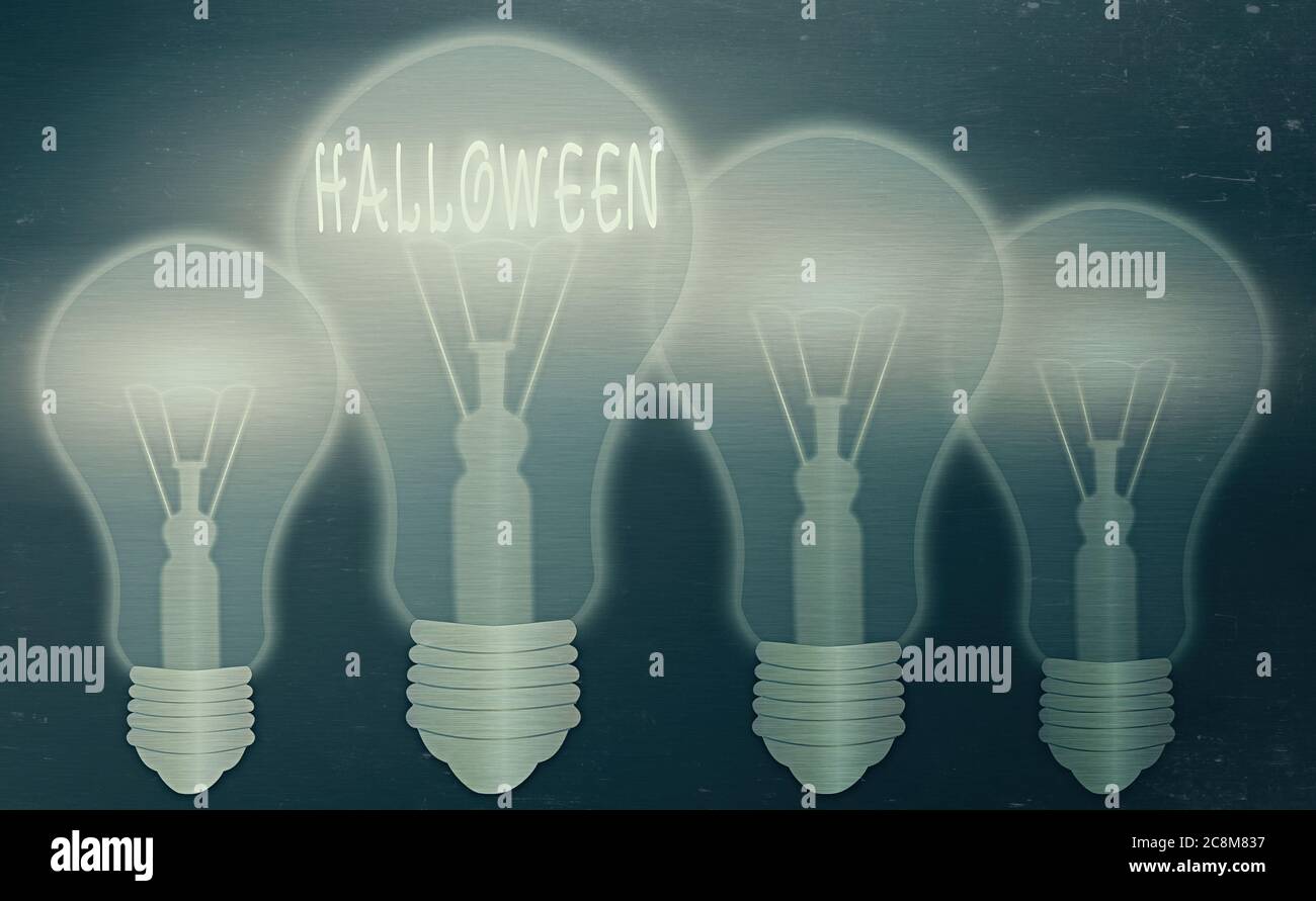 Cartello con scritto Halloween. Testo foto di affari Ottobre 31 osservato soprattutto con vestirsi in mascherato realistico colore lampade vintage, id Foto Stock