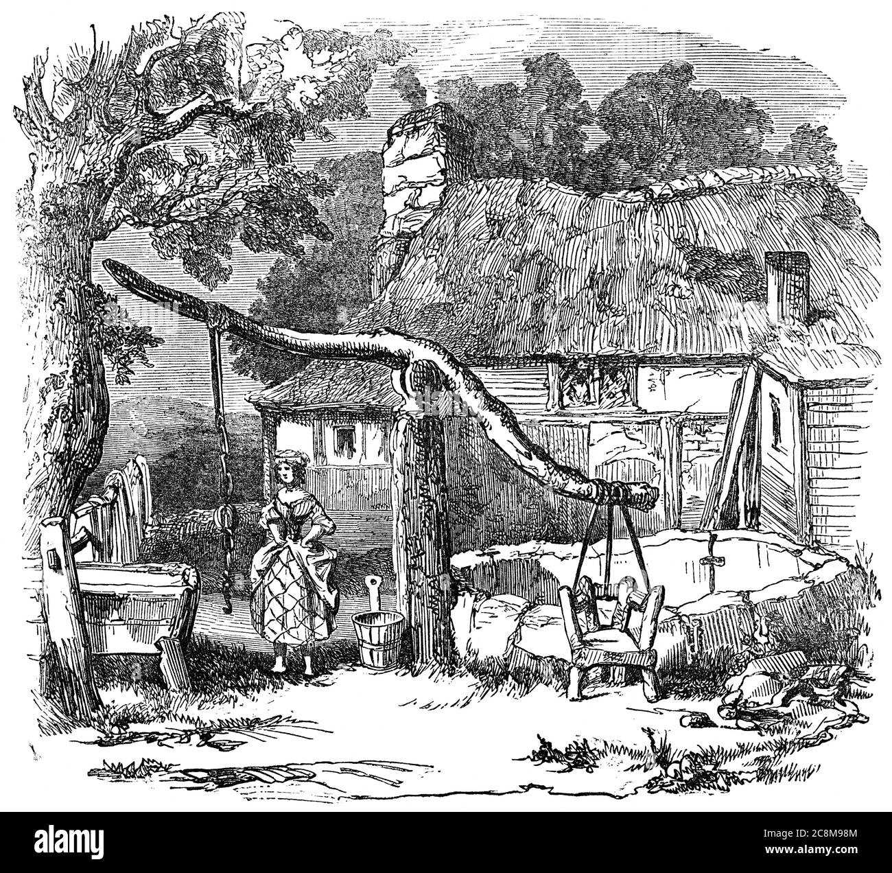 Un'illustrazione incisa di una sedia cucking anche conosciuta come una sedia ducking ad un pozzo del villaggio da un libro vittoriano datato 1883 che non è più in poliziotto Foto Stock