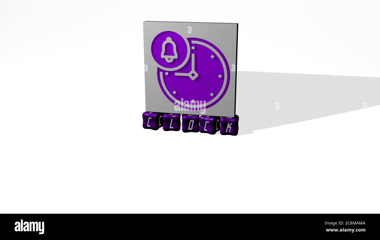 Illustrazione 3D di grafica e testo di orologio realizzati con lettere a dadi metallici per i significati relativi del concetto e delle presentazioni. Sfondo e allarme Foto Stock
