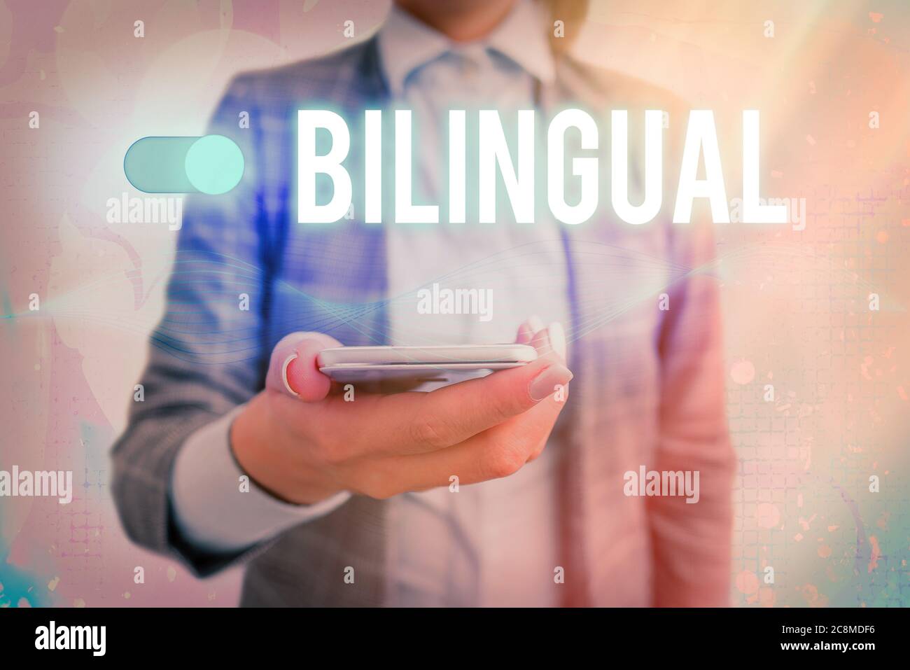Cartello con testo bilingue. Vetrina di foto aziendali utilizzando o in grado di utilizzare due lingue, in particolare con la stessa fluenza lucchetto grafico per i dati web Foto Stock