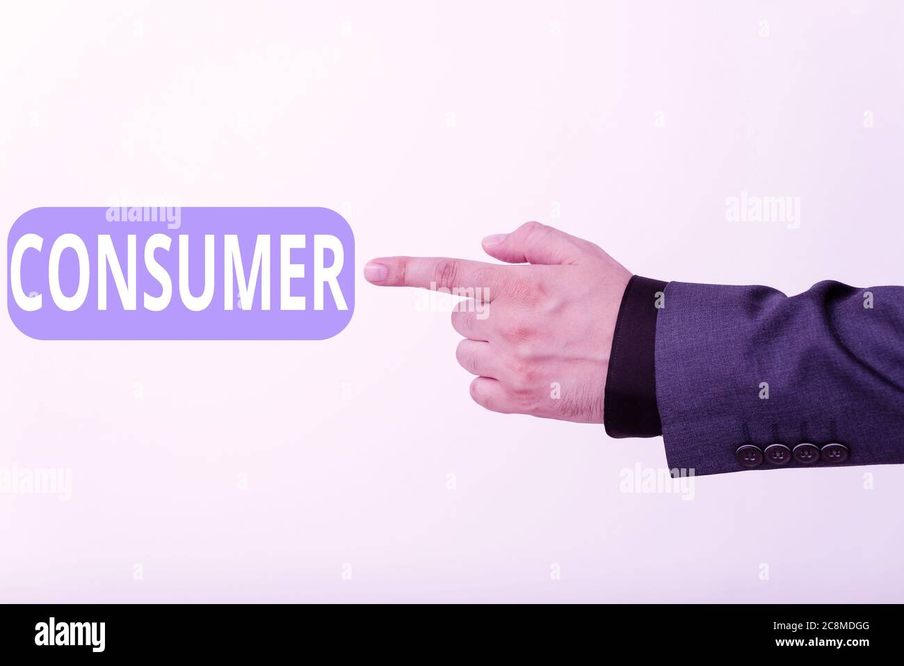 Cartello di testo che mostra il cliente. Testo di foto di affari uno che utilizza i beni economici che sono venduti dai produttori modello con il simbolo del dito puntato della mano Foto Stock