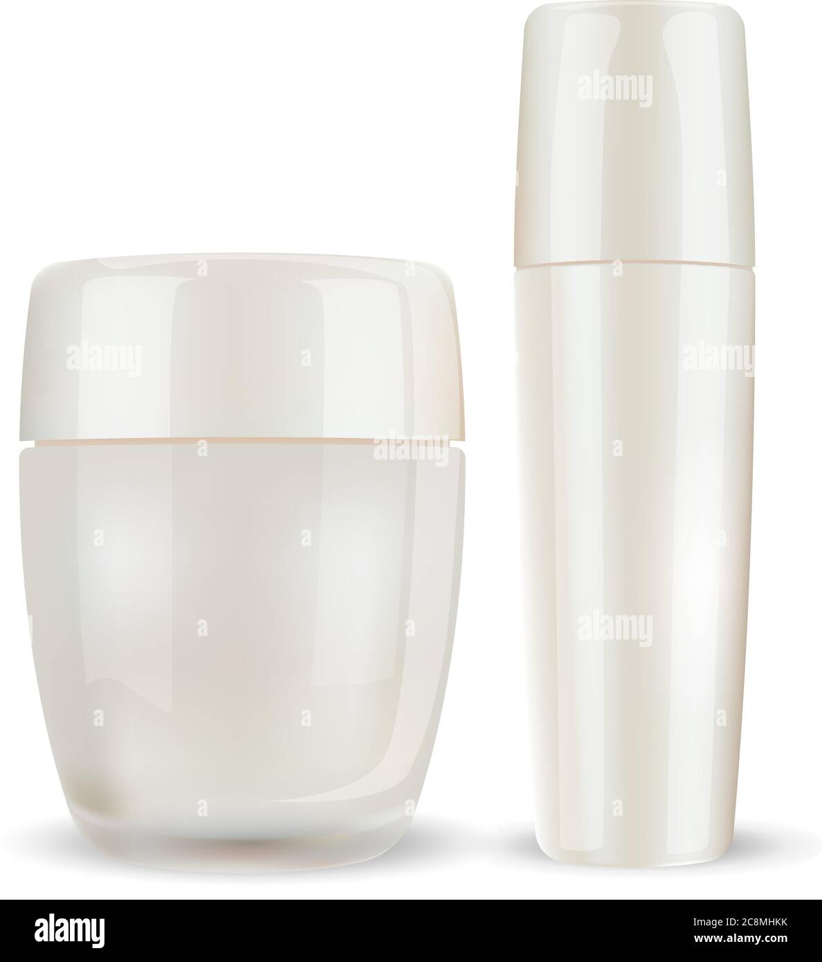 Gar in vetro o plastica lucida con coperchio chiuso e set di bottiglie toniche. Cosmetici mock up illustrazione per esigenze commerciali. Vettore HQ EPS10. Illustrazione Vettoriale