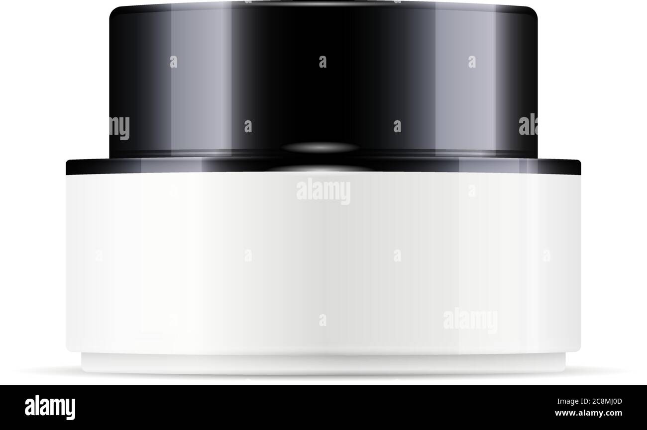 Vasetto per cosmetici o medicinali: Crema, sale, unguento, polvere, con base bianca e coperchio nero. Confezione di cosmetici mockup. Illustrazione vettoriale HQ. Illustrazione Vettoriale