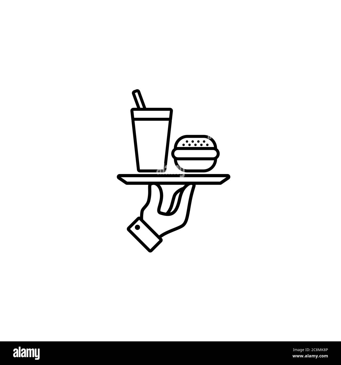 Vassoio per la presa delle mani con alimenti veloci. Icona linea. Hamburger, hamburger e bevande da asporto. Vettore su sfondo bianco isolato. EPS 10 Illustrazione Vettoriale