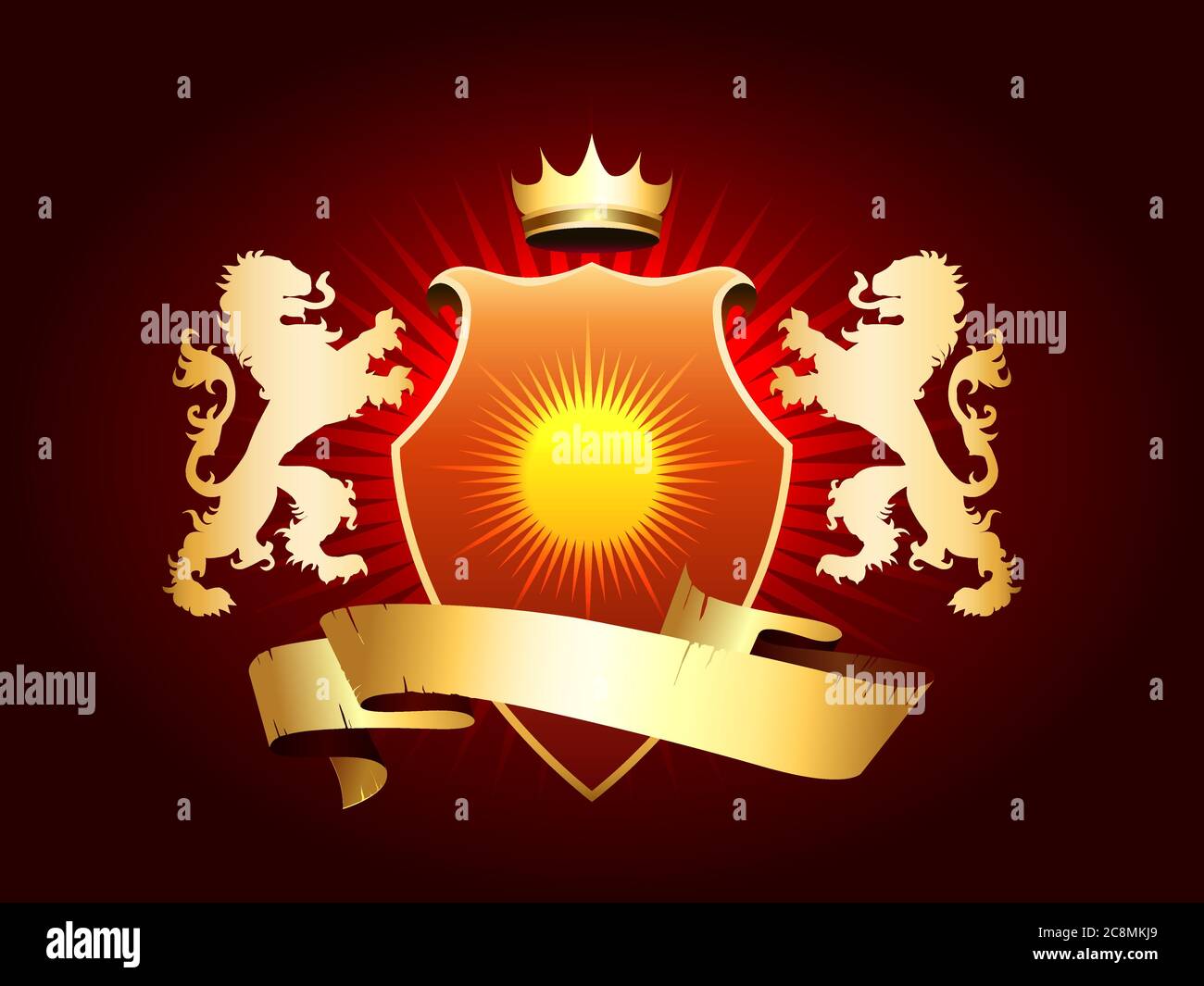 Stemma araldico con corona, scudo, nastro e leoni dorati. Illustrazione vettoriale. Illustrazione Vettoriale