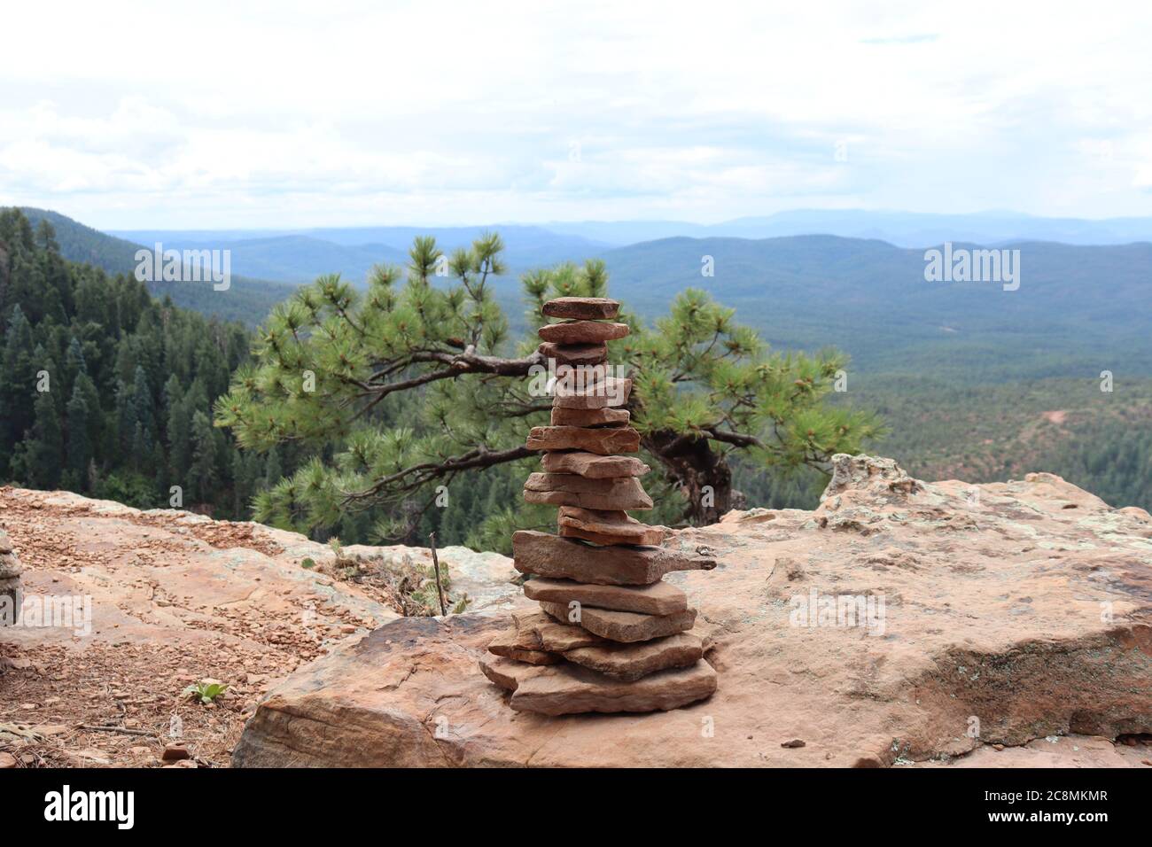 Rocce bilanciate, conosciute anche come Cairns di fronte ad un pino Ponderosa, lungo il Mogollon Rim, nell'Arizona del Nord. Foto Stock