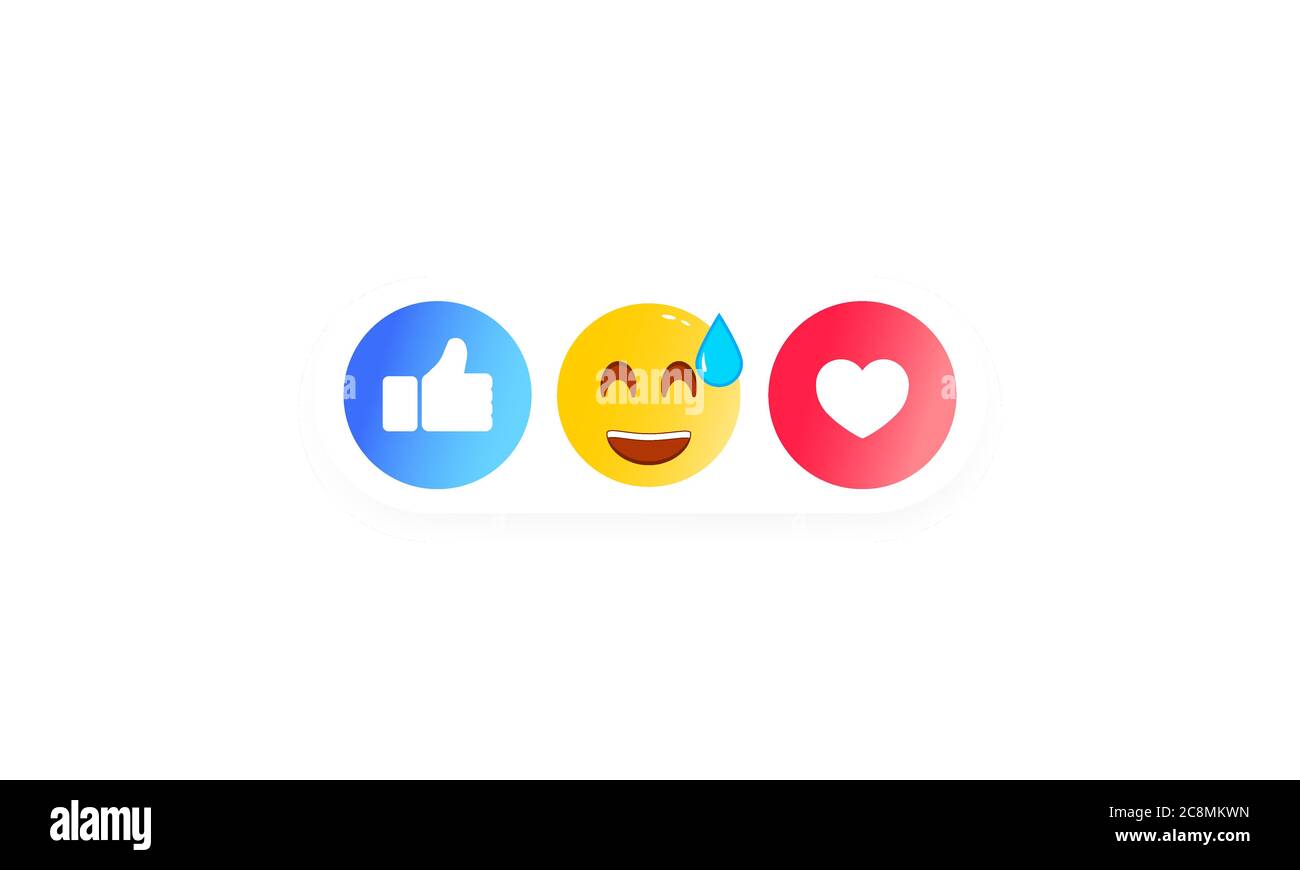 Pollice in su e cuore etichetta con cartone animato sorriso. Insieme di icone social. Vettore su sfondo bianco isolato. EPS 10. Risate, stupisce, triste e arrabbiato testa Illustrazione Vettoriale