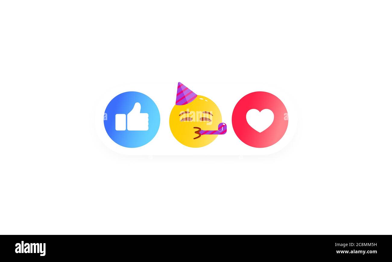 Pollice in su e cuore etichetta con cartone animato sorriso. Insieme di icone social. Vettore su sfondo bianco isolato. EPS 10. Risate, stupisce, triste e arrabbiato testa Illustrazione Vettoriale