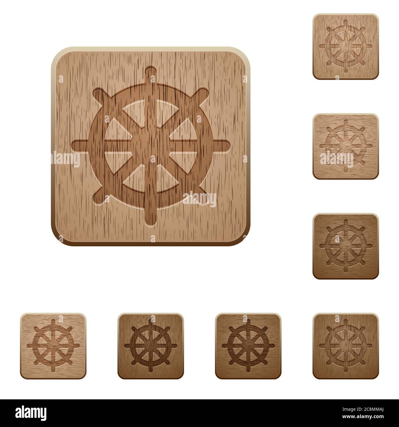 Set di bottoni ruota in legno intagliato nave. 8 varianti incluse. Struttura di livello ordinata. Illustrazione Vettoriale