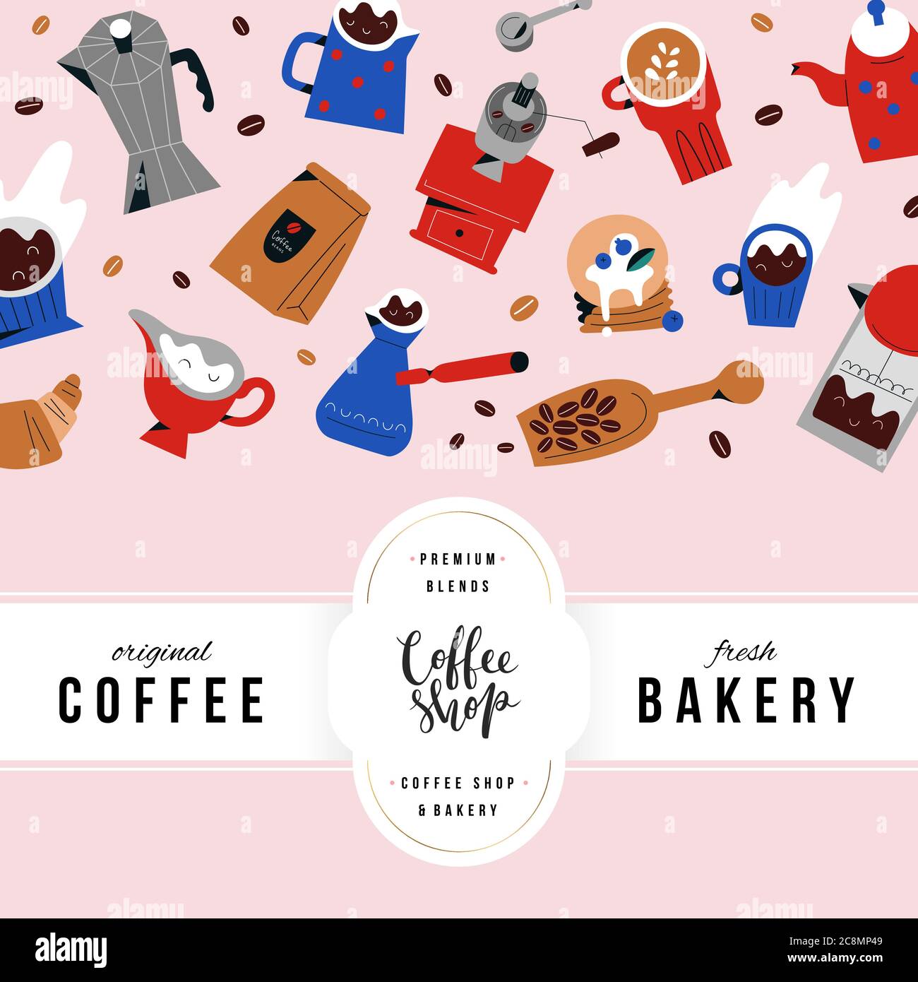Modello di copertina del menu della caffetteria con logo, design alla moda con illustrazioni a doodle disegnate a mano, menu di ristoranti o panetteria, disegni di caffè Illustrazione Vettoriale