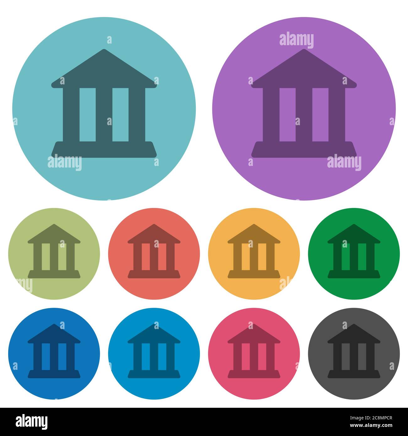 Icona piatta della banca colori impostata su sfondo rotondo. Illustrazione Vettoriale