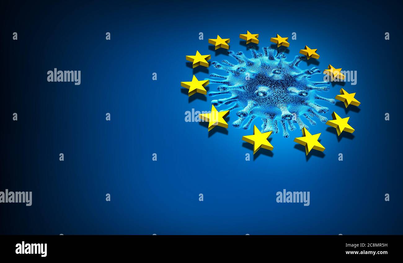 Malattia dell'Unione europea e pandemia dell'Europa o dell'UE come coronavirus o covid-19 in Francia Germania Italia e Inghilterra come rendering 3D. Foto Stock