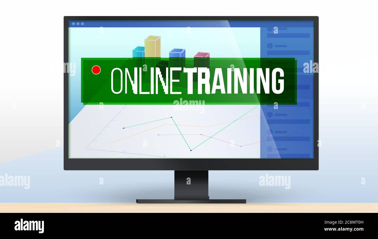 Banner per la formazione online. Monitor del computer con grafici e grafici sullo schermo. Concetto per corsi online o formazione. Illustrazione vettoriale 3D Illustrazione Vettoriale