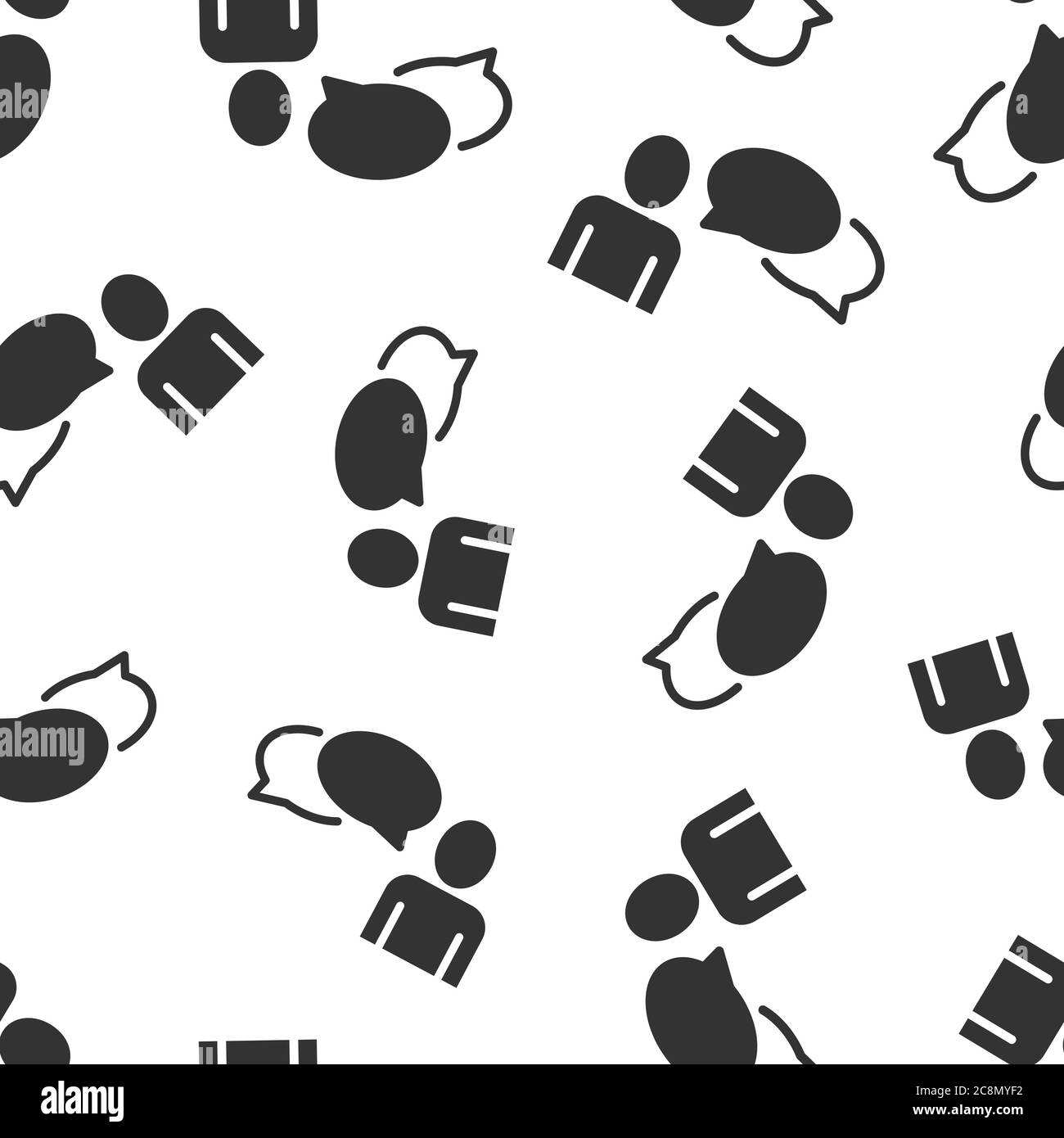 Persone con l'icona della bolla del parlato in stile piatto. Illustrazione vettoriale della chat su sfondo bianco isolato. Concetto aziendale di modello senza interruzioni per il dialogo con gli altoparlanti. Illustrazione Vettoriale