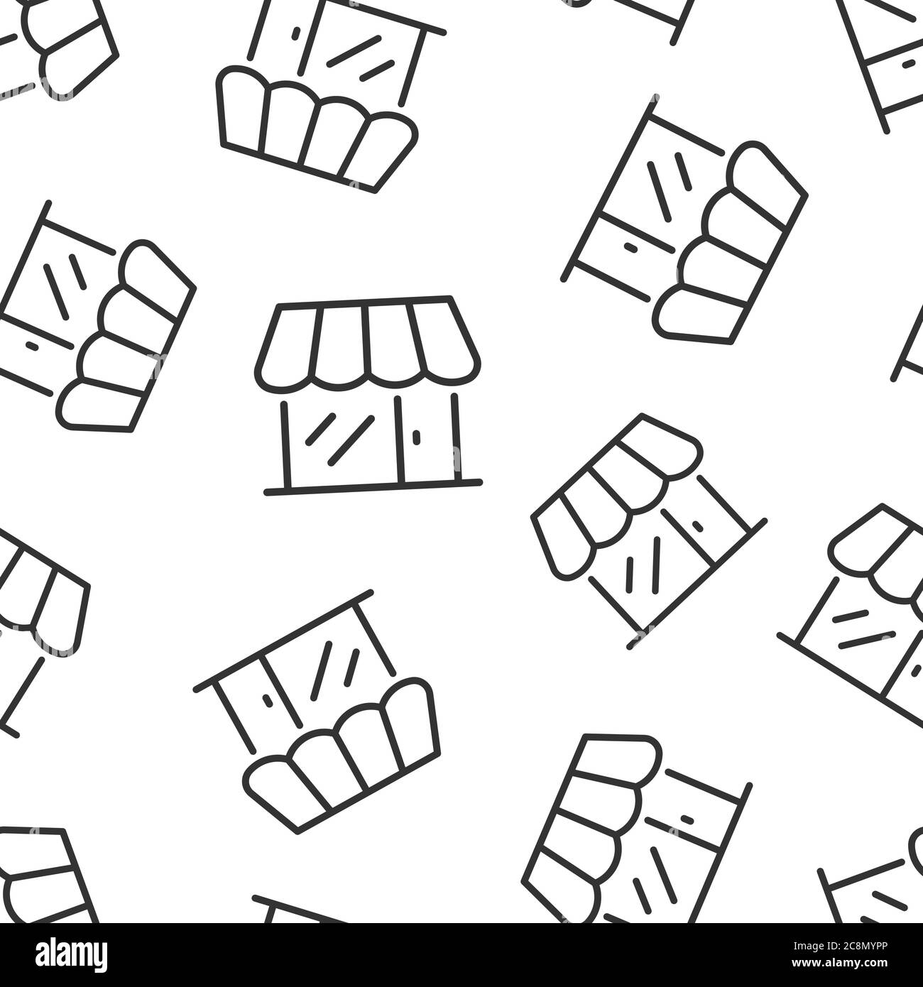 Icona del centro commerciale in stile piatto. Memorizzare l'illustrazione vettoriale su sfondo bianco isolato. Scopri il concetto aziendale di modello senza soluzione di continuità. Illustrazione Vettoriale