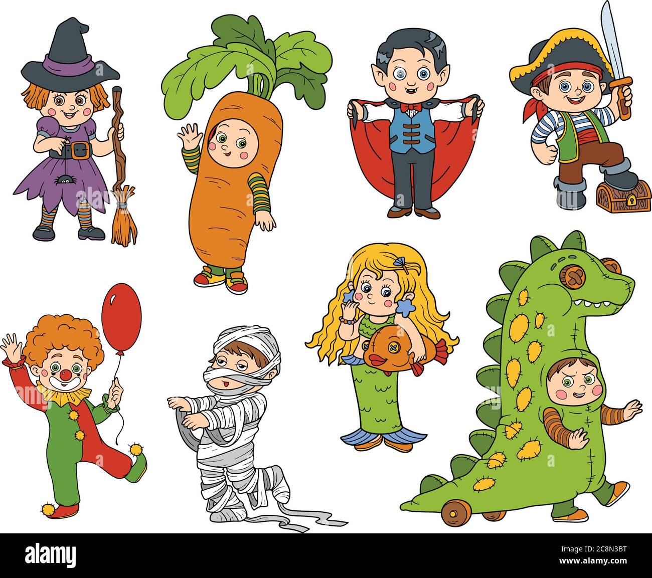 Set vettoriale di personaggi per bambini di Halloween, cartoni animati a  colori, adesivi colorati con bambini in costumi di carnevale Immagine e  Vettoriale - Alamy