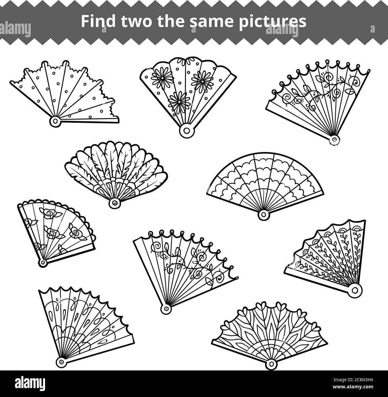 Trova due le stesse immagini, gioco di istruzione per i bambini, vettore insieme di fan Illustrazione Vettoriale