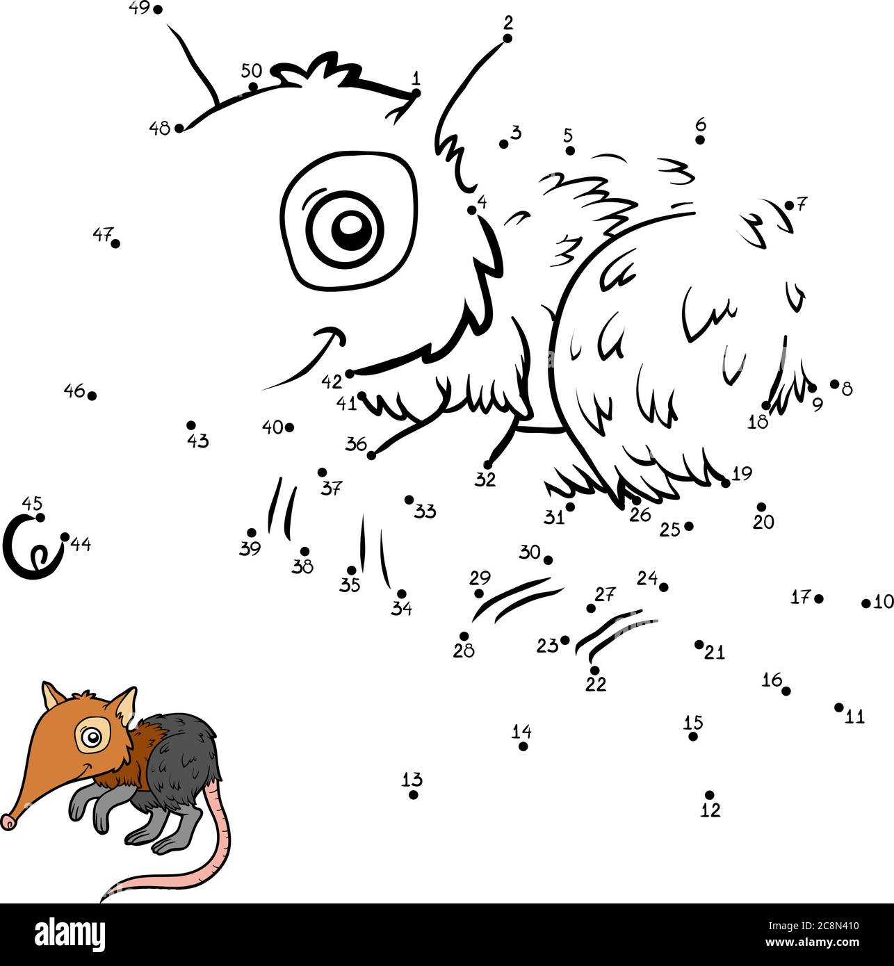 Giochi di numeri, gioco di istruzione punto a punto per i bambini, nero e rufous elefante shrew Illustrazione Vettoriale