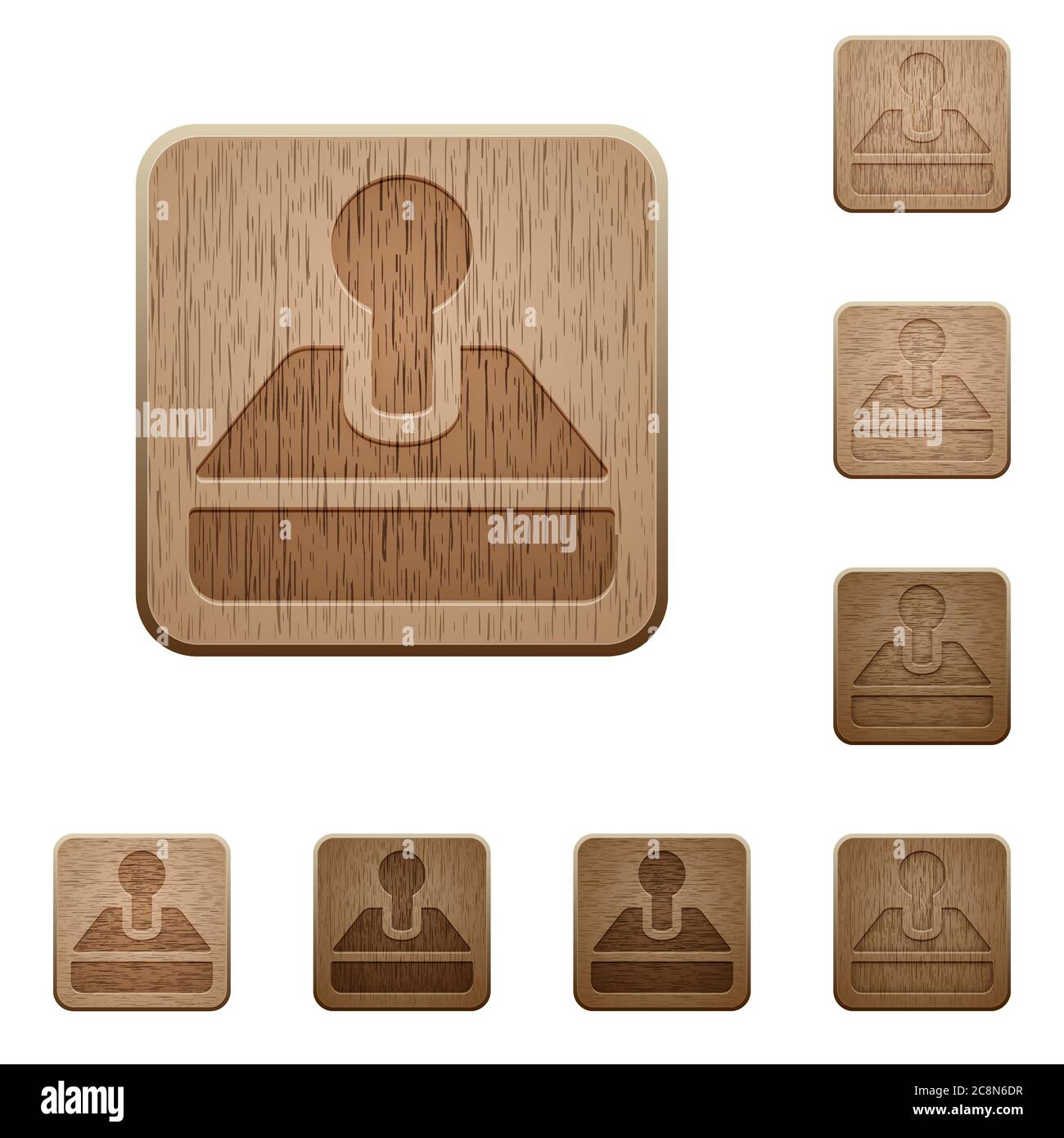 Set di pulsanti in legno retrò joystick intagliato in 8 varianti. Illustrazione Vettoriale