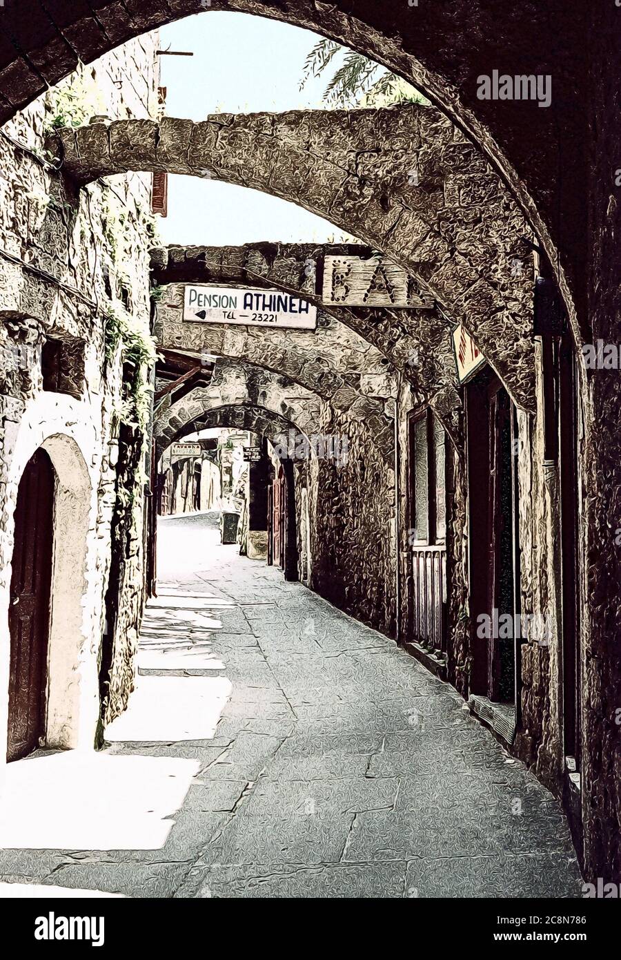 Foto illustration Arched vicolo nel centro storico di Rodi, GreeceRhodes Grecia archival scannered photo taken 1990 Foto Stock