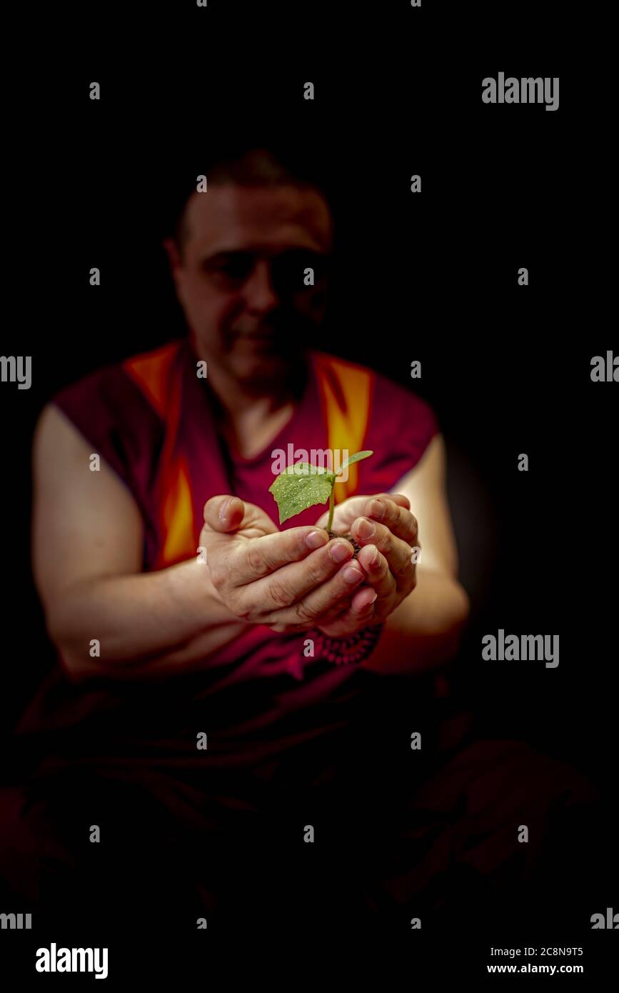 Il monaco tiene in mano la pianta. Concetto di ecologia e cura per la natura Foto Stock