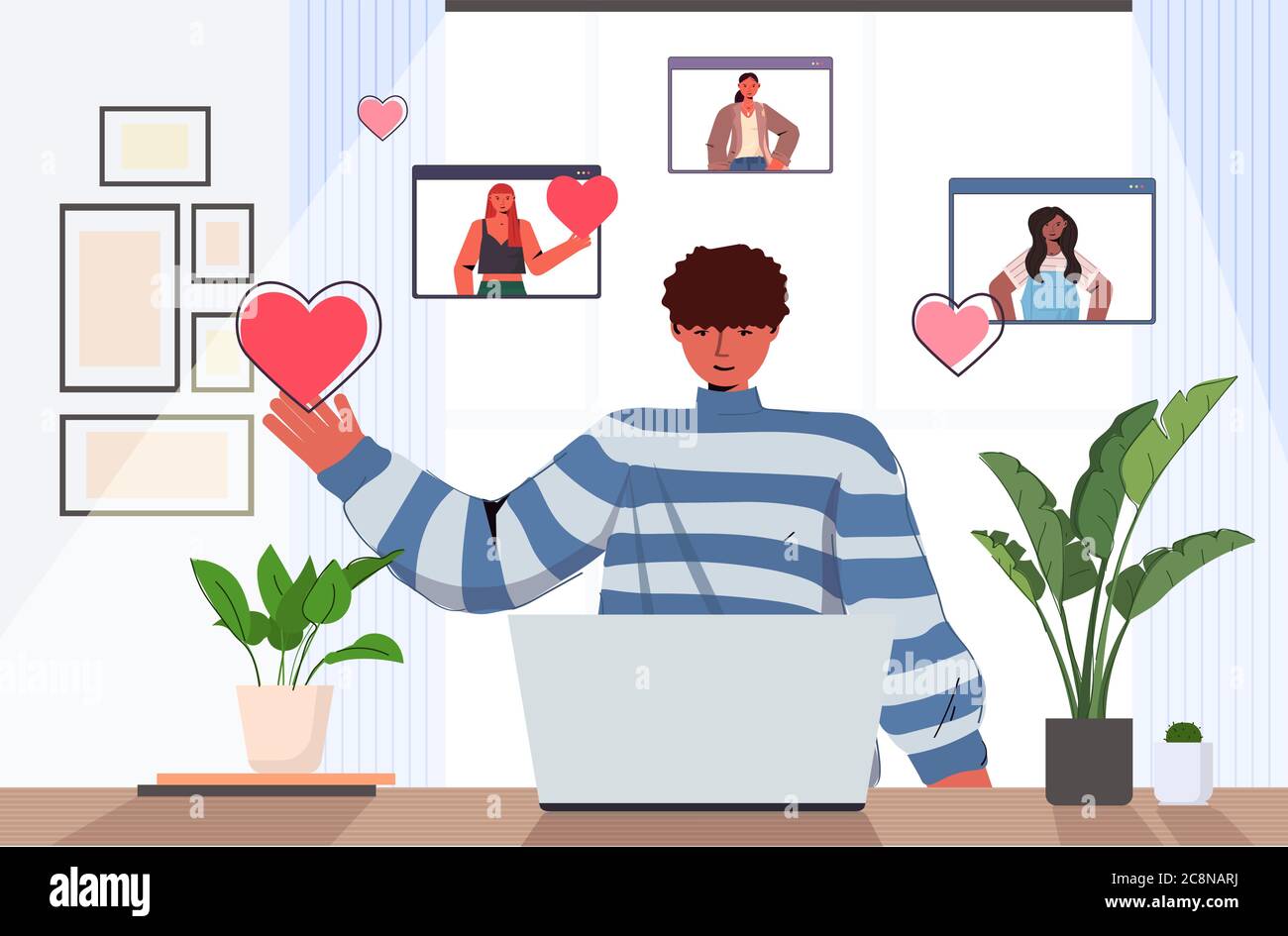 uomo che usa il laptop che chattano con mix razza donne in browser web windows online dating app social relazione comunicazione concetto orizzontale ritratto vettore illustrazione Illustrazione Vettoriale