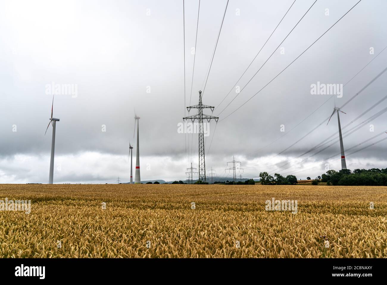 Linee elettriche, linee ad alta tensione, centrali eoliche, campi di grano, a nord-est di Höxter, NRW, Germania Foto Stock