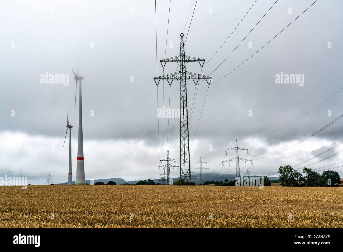 Linee elettriche, linee ad alta tensione, centrali eoliche, campi di grano, a nord-est di Höxter, NRW, Germania Foto Stock