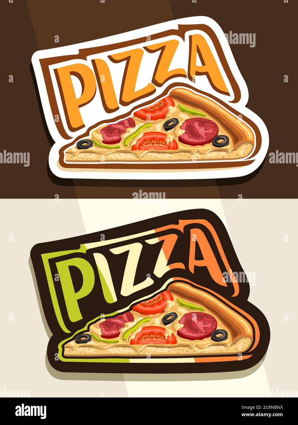 Logo vettoriale per Pizza, 2 badge bianchi e neri con fetta isolata di pizza gourmet fatta in casa con pepperoni e verdure, carattere unico per parola piz Illustrazione Vettoriale