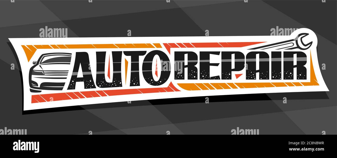 Banner vettoriale per Auto Repair, cartoncino decorativo con bordo in carta con bordo semplice e chiave in metallo, badge con scritta esclusiva per parole aut Illustrazione Vettoriale
