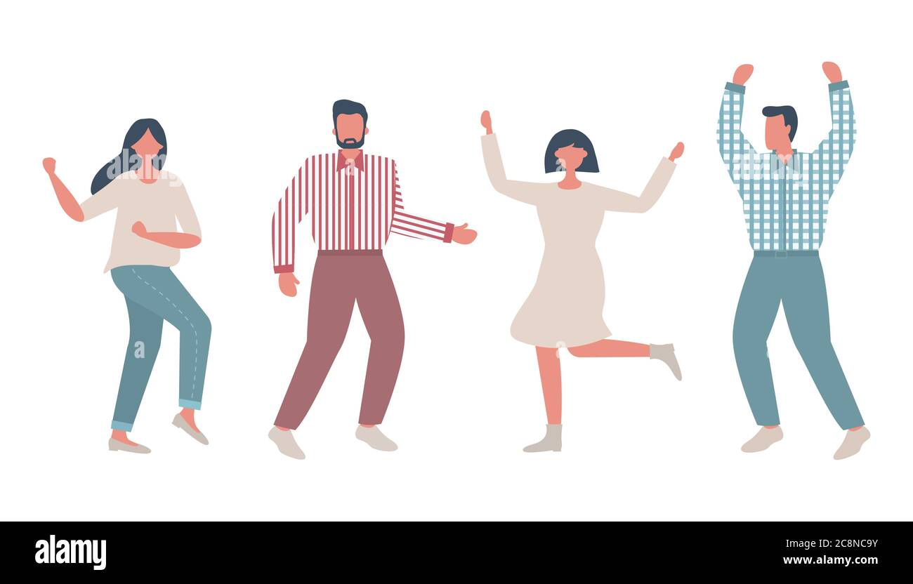 Gente che balla. Uomini e donne gioiscono e ballano. Icone di persone positive. Illustrazione vettoriale Illustrazione Vettoriale