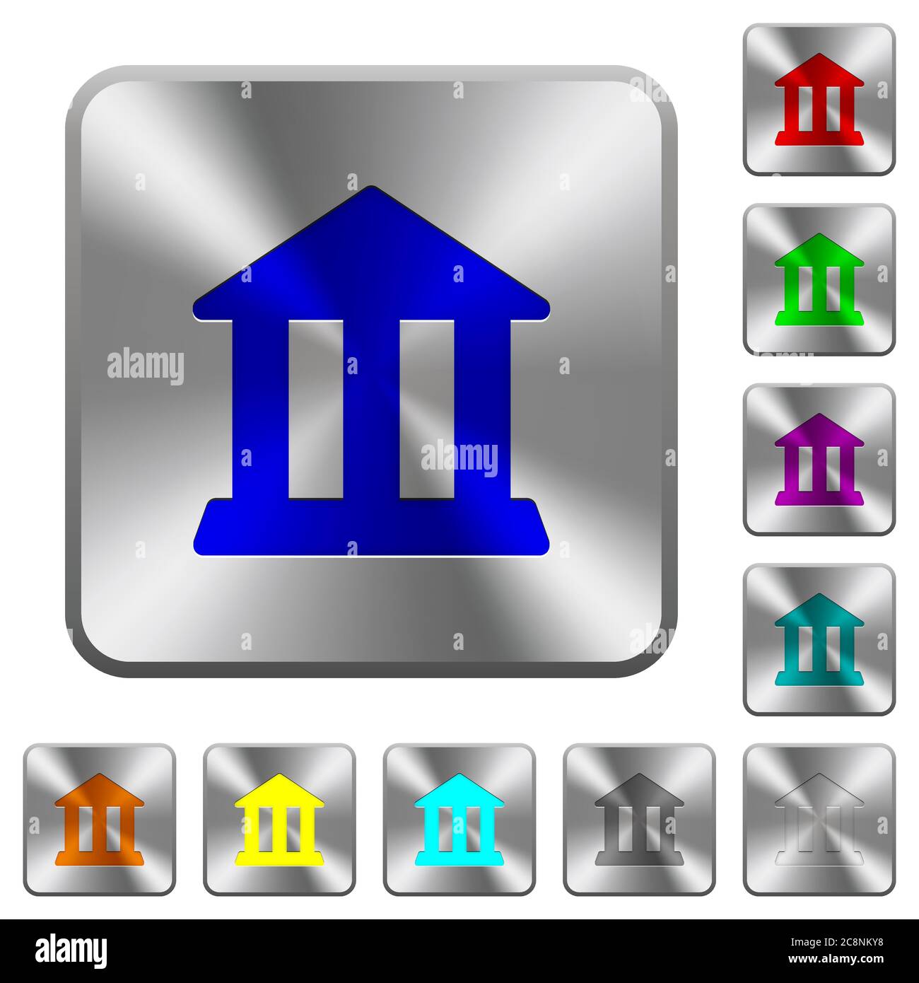 Icone di banca incise su bottoni arrotondati in acciaio quadrato Illustrazione Vettoriale