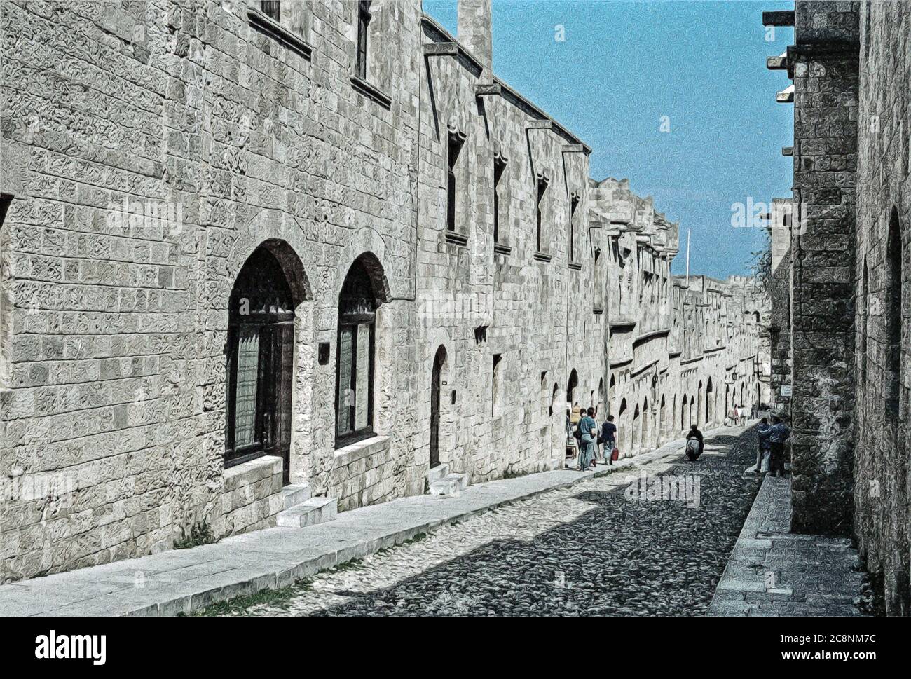 Foto illustrativa Rodi Grecia archivio  giro in scooter attraverso una strada acciottolata nella città vecchia di Rodi 1990 Foto Stock